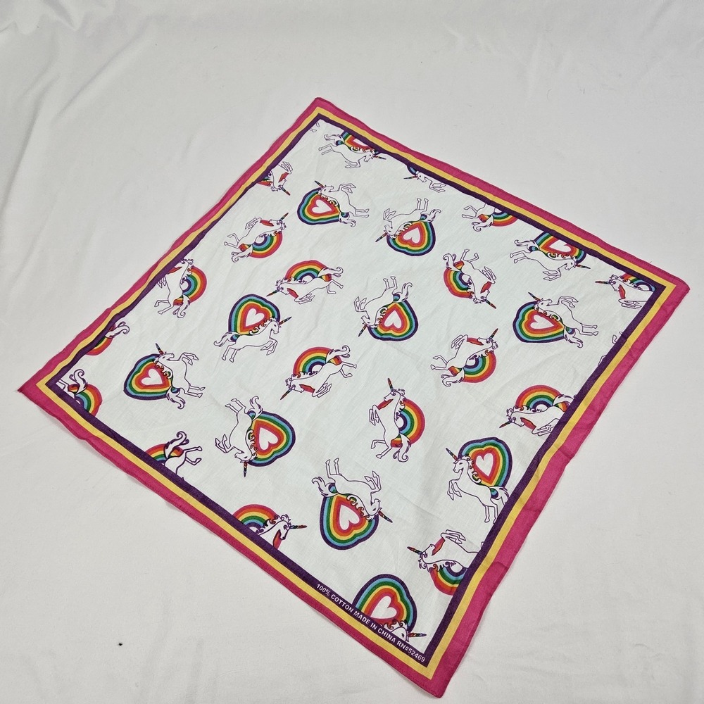 Unicorn Rainbow Bandana Handkerchief 100% Cotton Vintage USA 1980's Scarf Hankie